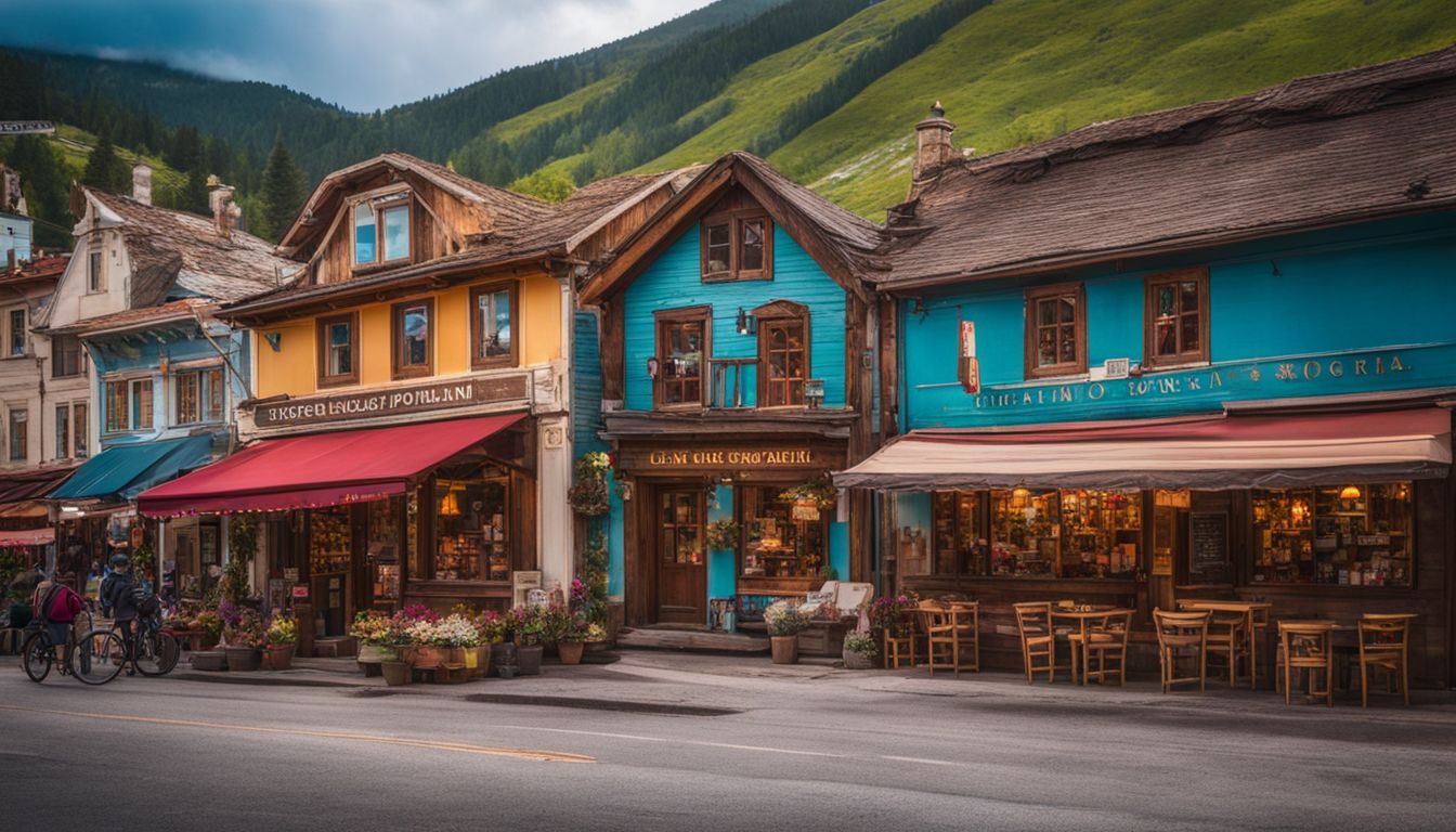 A vibrant small town nestled in the mountains with bustling storefronts and diverse people.