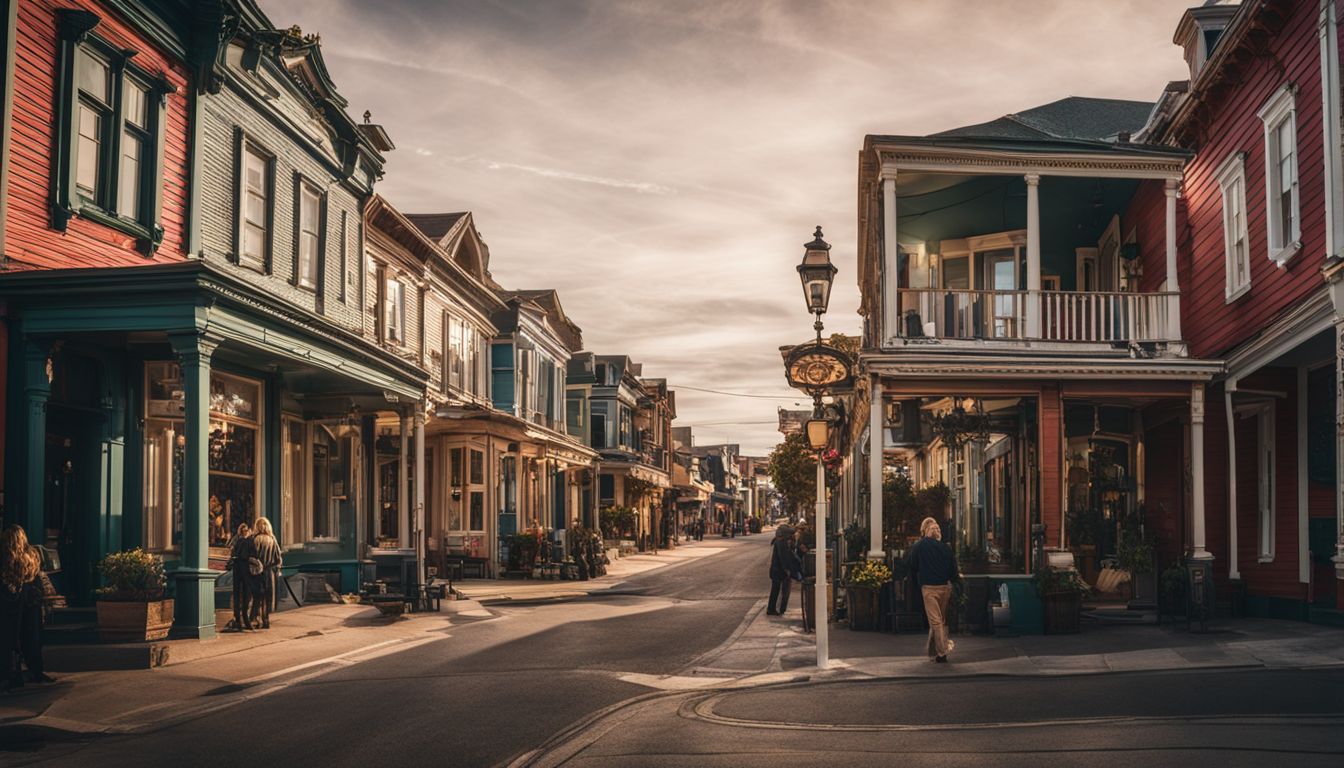 A photo of a historic main street in a small coastal town with colorful Victorian houses and a bustling atmosphere.