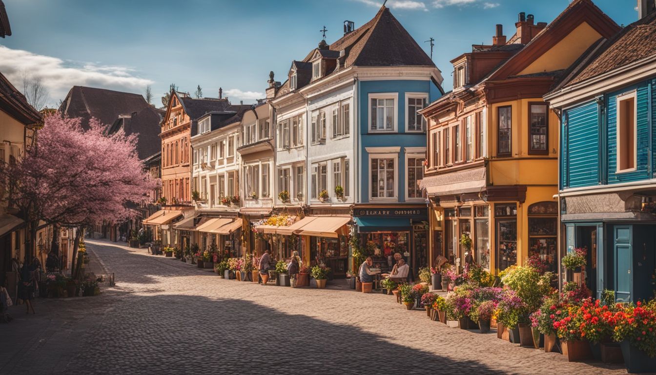 A picturesque small town streetscape with colorful buildings, blooming flowers, and a bustling atmosphere.