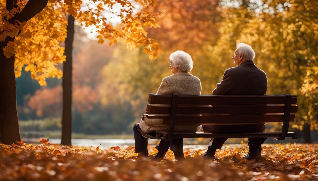 An elderly man and woman sit on a bench surrounded by colorful autumn foliage.