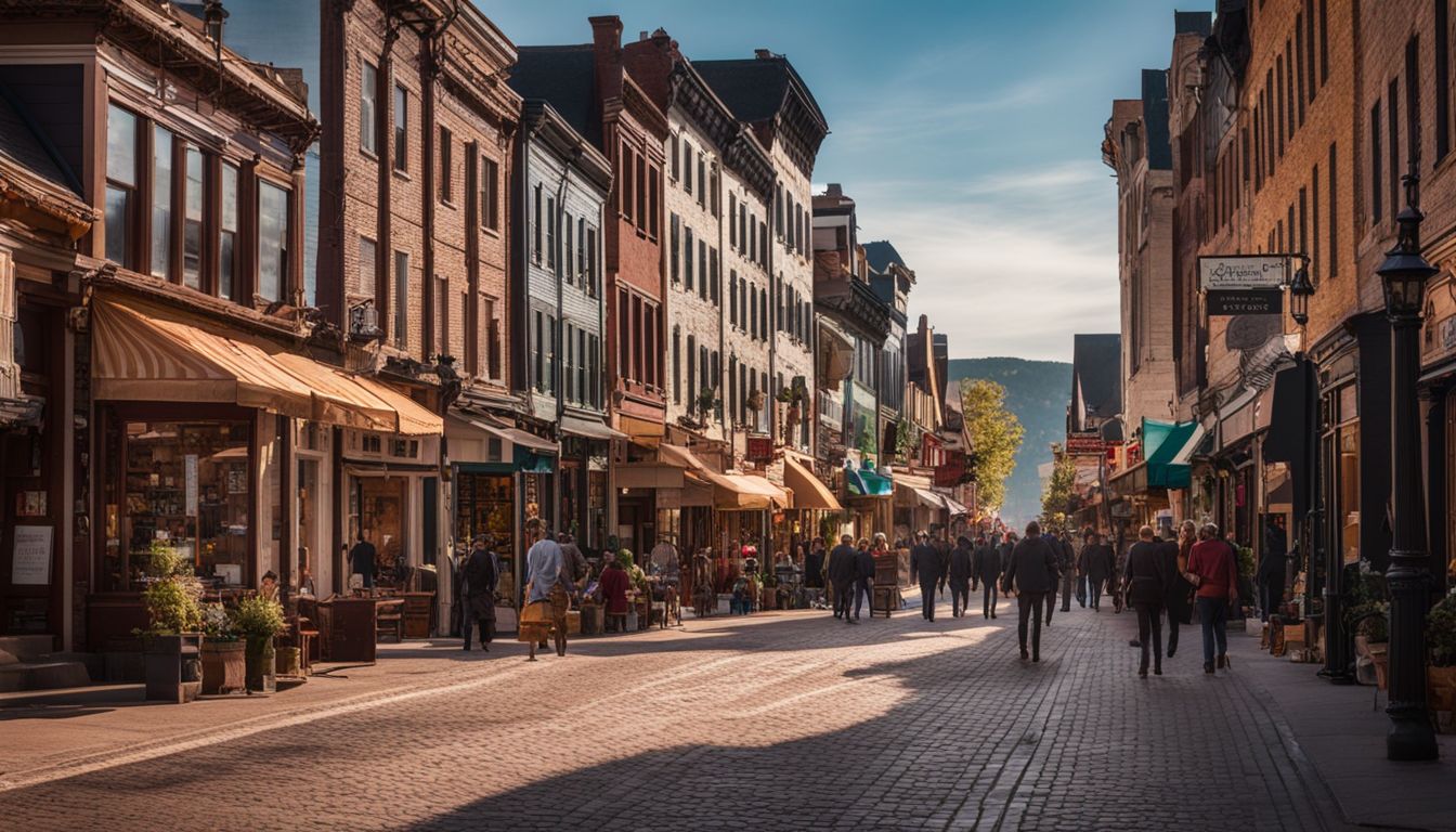 A vibrant Main Street filled with diverse people and colorful storefronts.