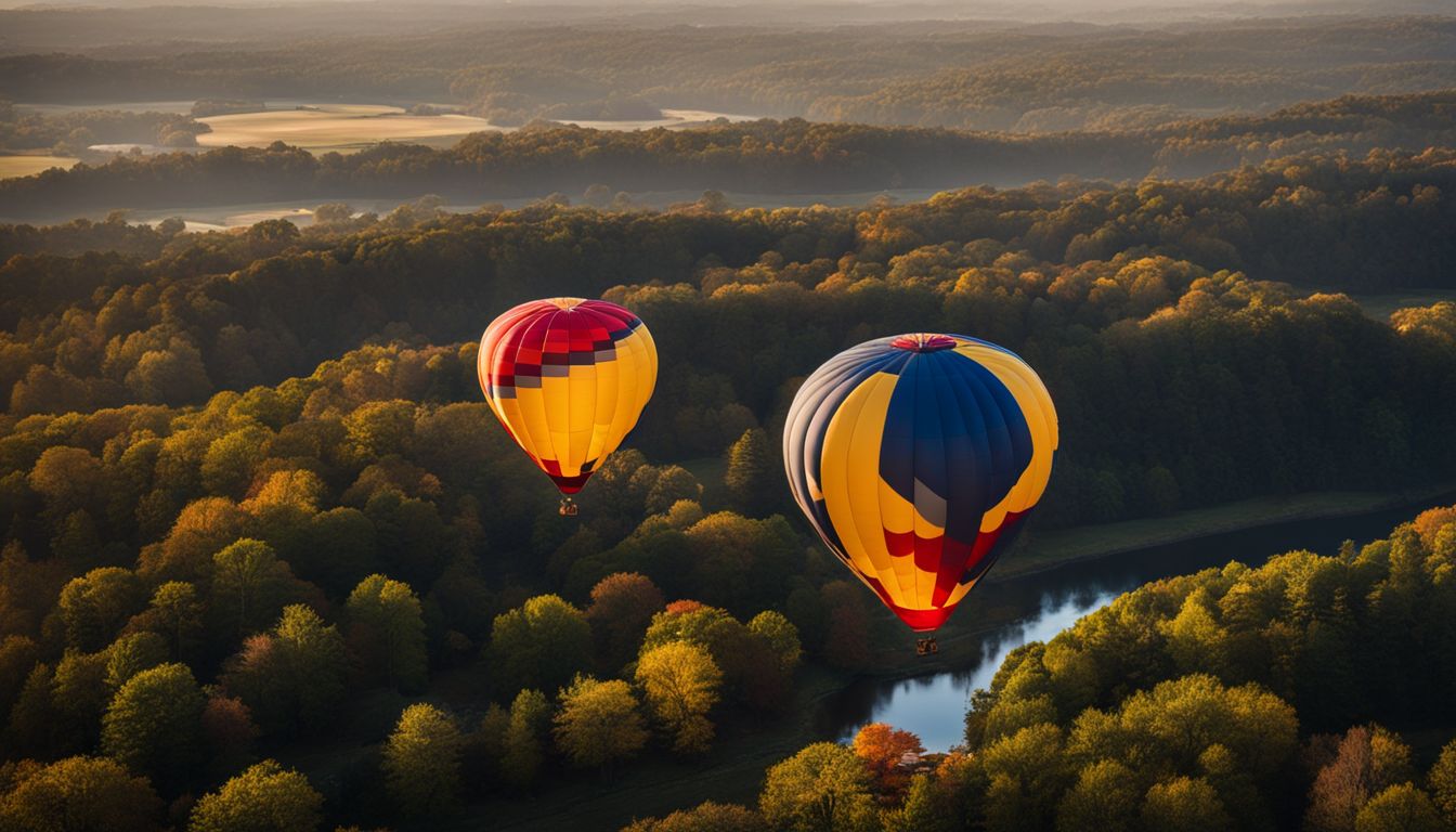 A vibrant photo of hot air balloons flying over the picturesque landscape of Marietta, with people and different hair styles.