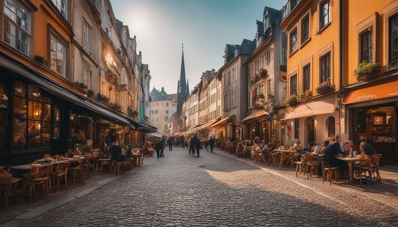 A picturesque cobblestone street lined with colorful buildings, bustling cafes, and diverse people.