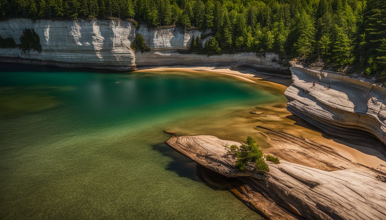 The photo captures the stunning cliffs of Pictured Rocks National Lakeshore overlooking crystal-clear Lake Superior.
