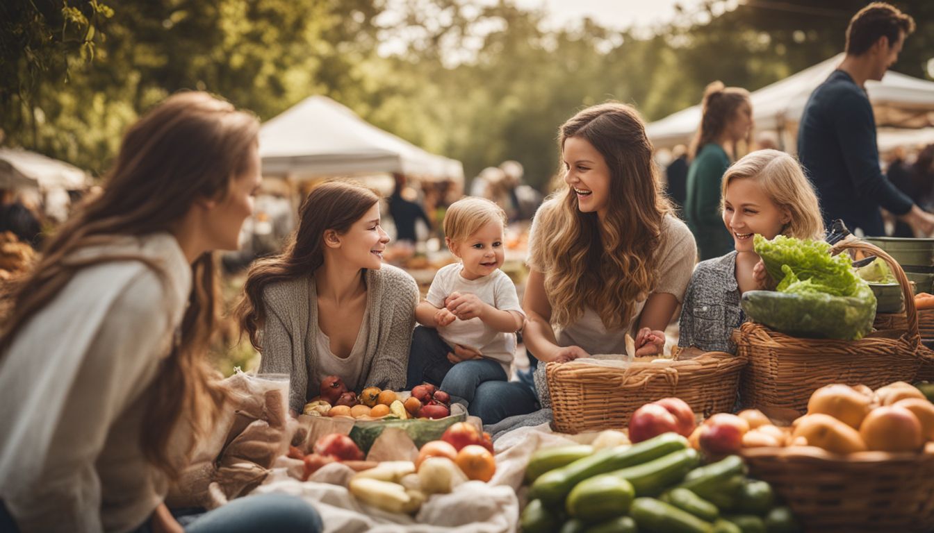 A family enjoying a picnic surrounded by fresh produce at a local farmers' market.