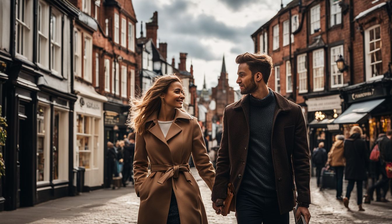 A couple strolling through the charming streets of Chester captured in high-quality cityscape photography.