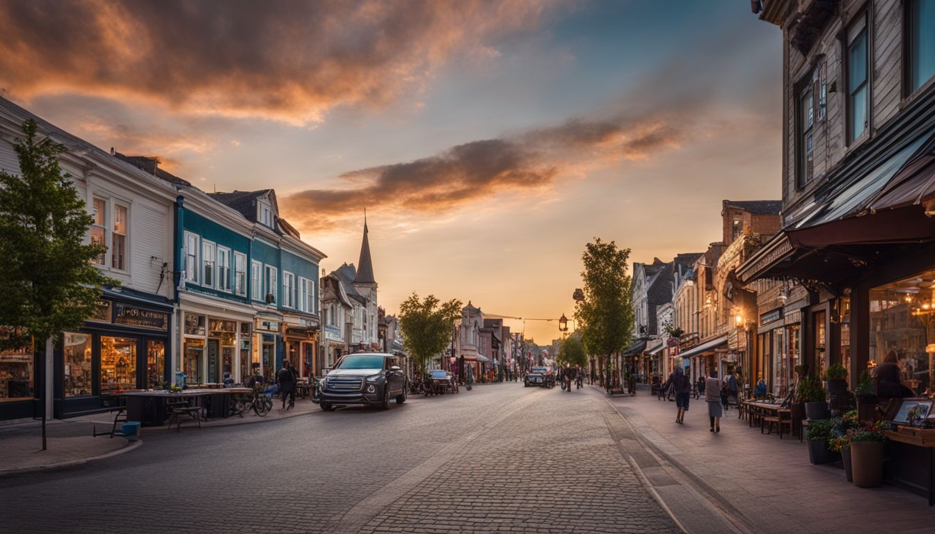 A charming small town main street with vibrant buildings and bustling local shops.