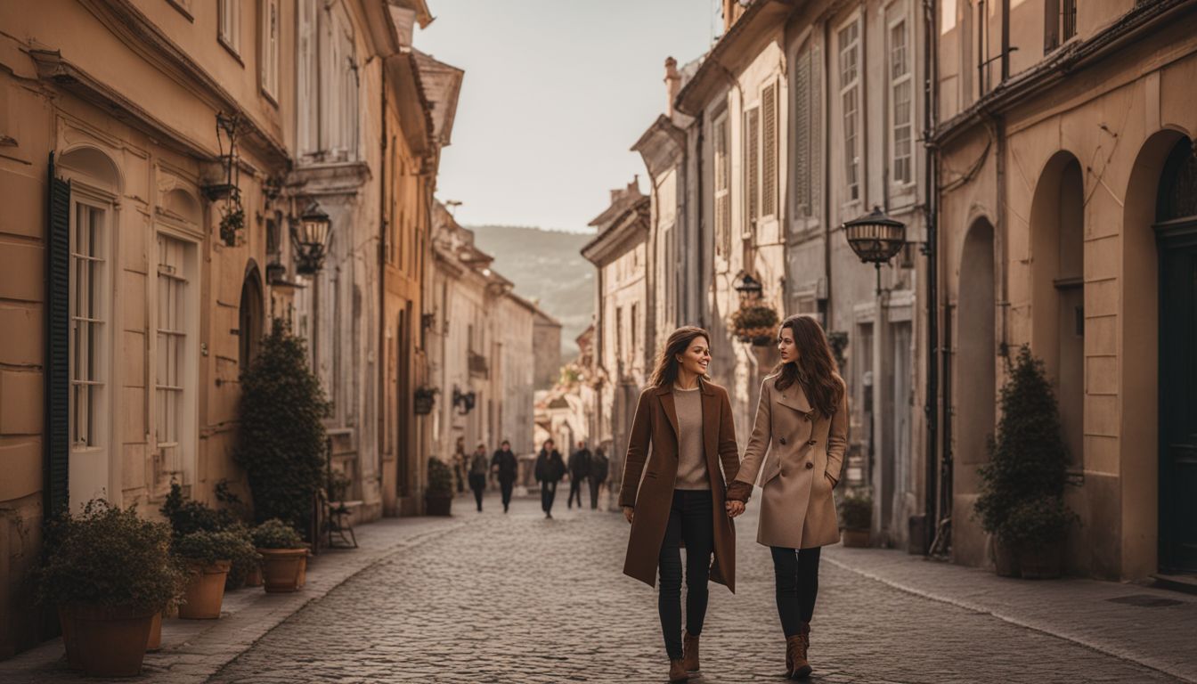 A couple strolls hand in hand through a charming historic town.