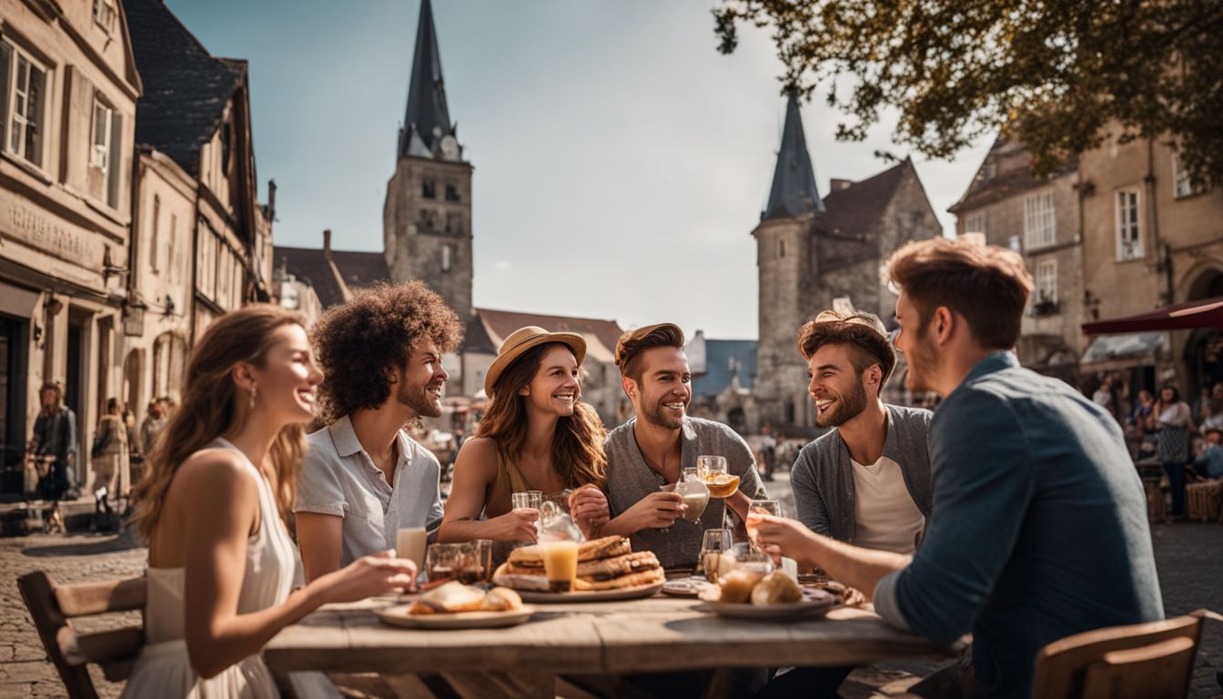 A group of friends enjoying a picnic in a charming town square surrounded by historic buildings.