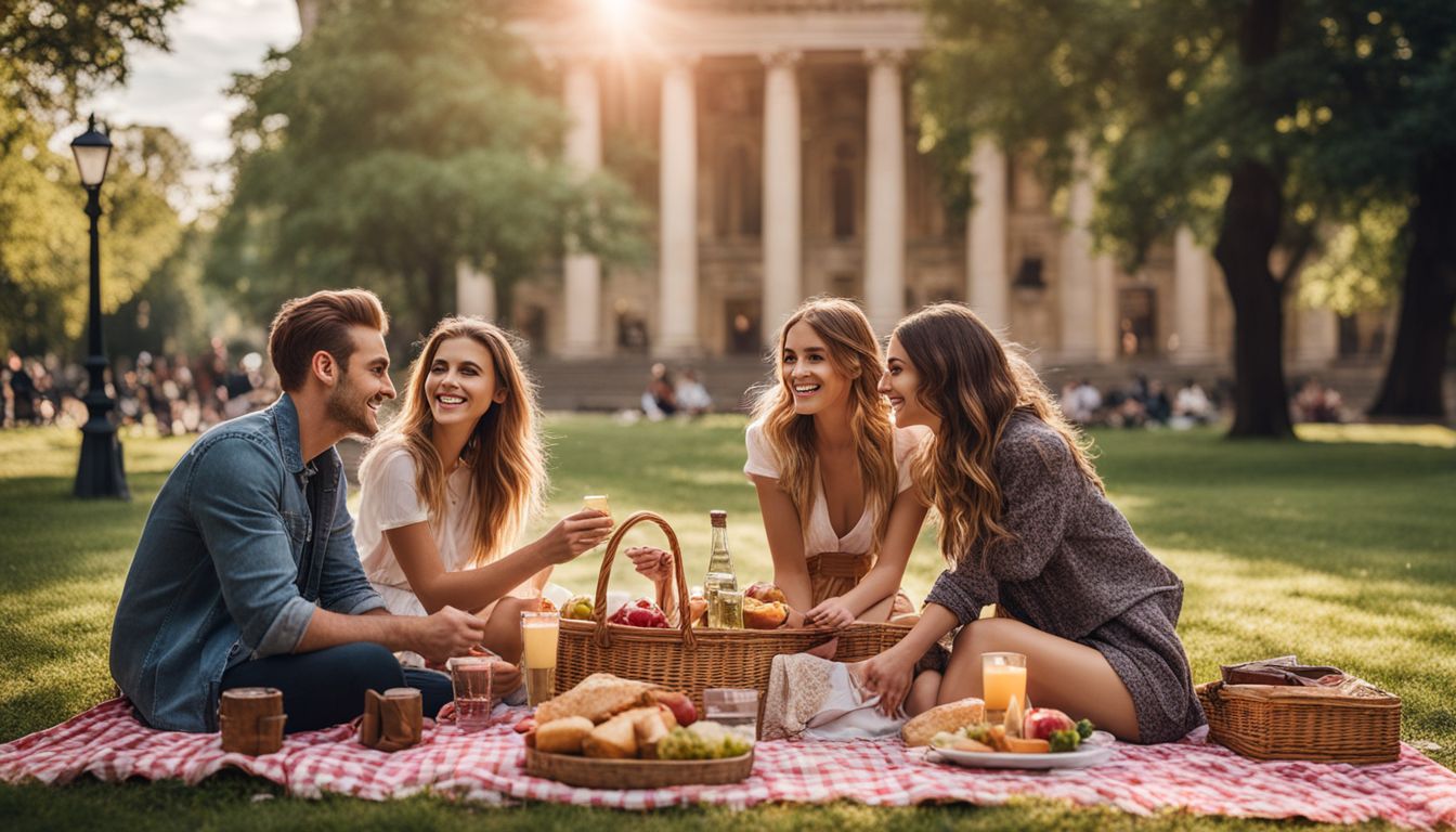 A diverse group of friends enjoying a picnic in a lively park with historic buildings.