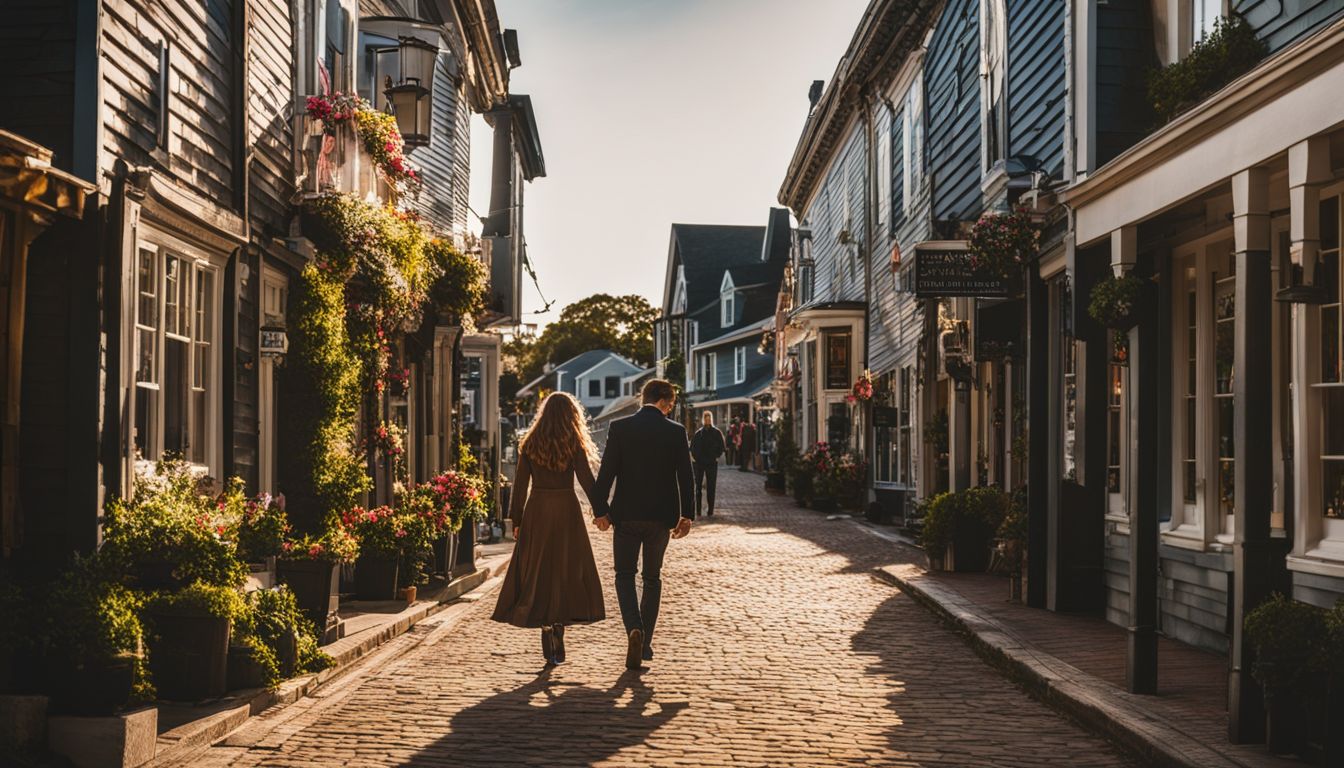A couple strolls through a picturesque New England town filled with historic buildings and autumn foliage.