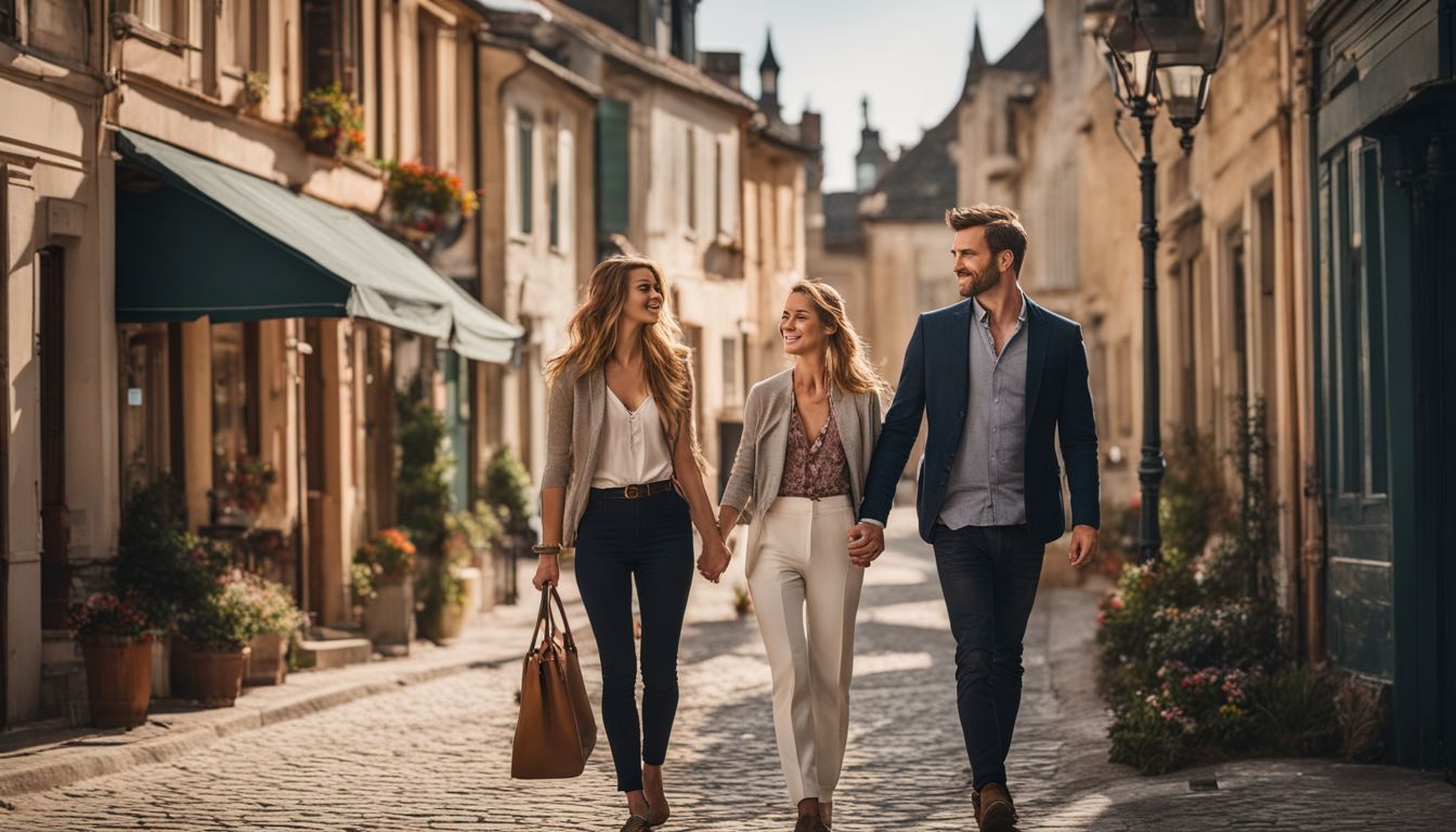 A couple walking hand in hand through a charming small town street.