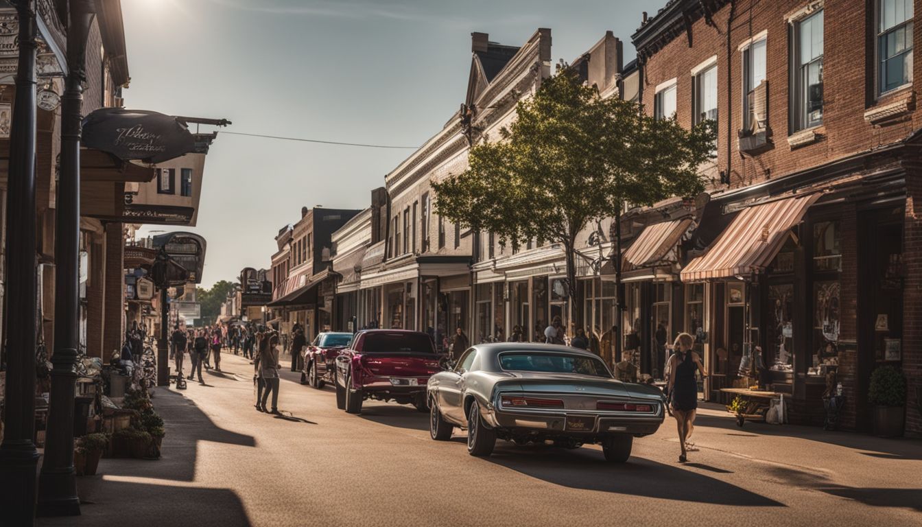 A photo of a busy main street in a small town in Mississippi with various people and buildings.