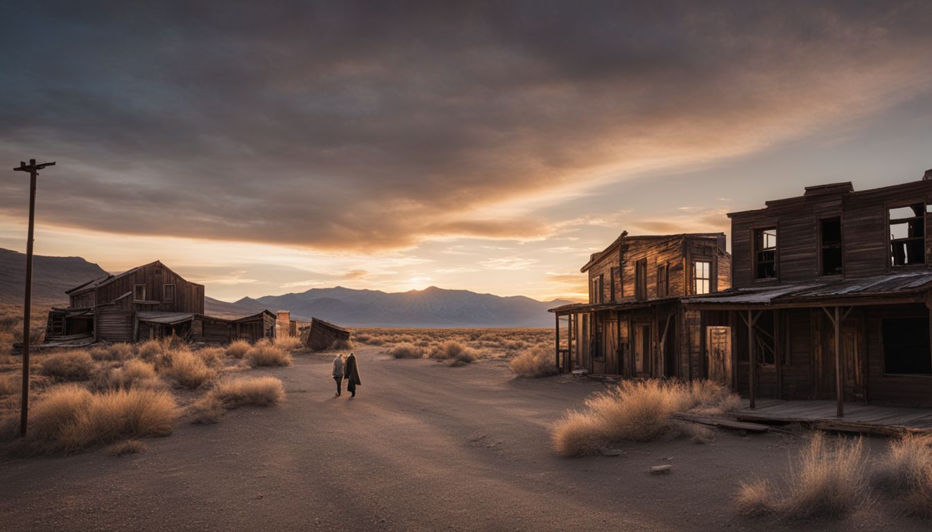 A person walks through an abandoned Nevada ghost town at sunset.