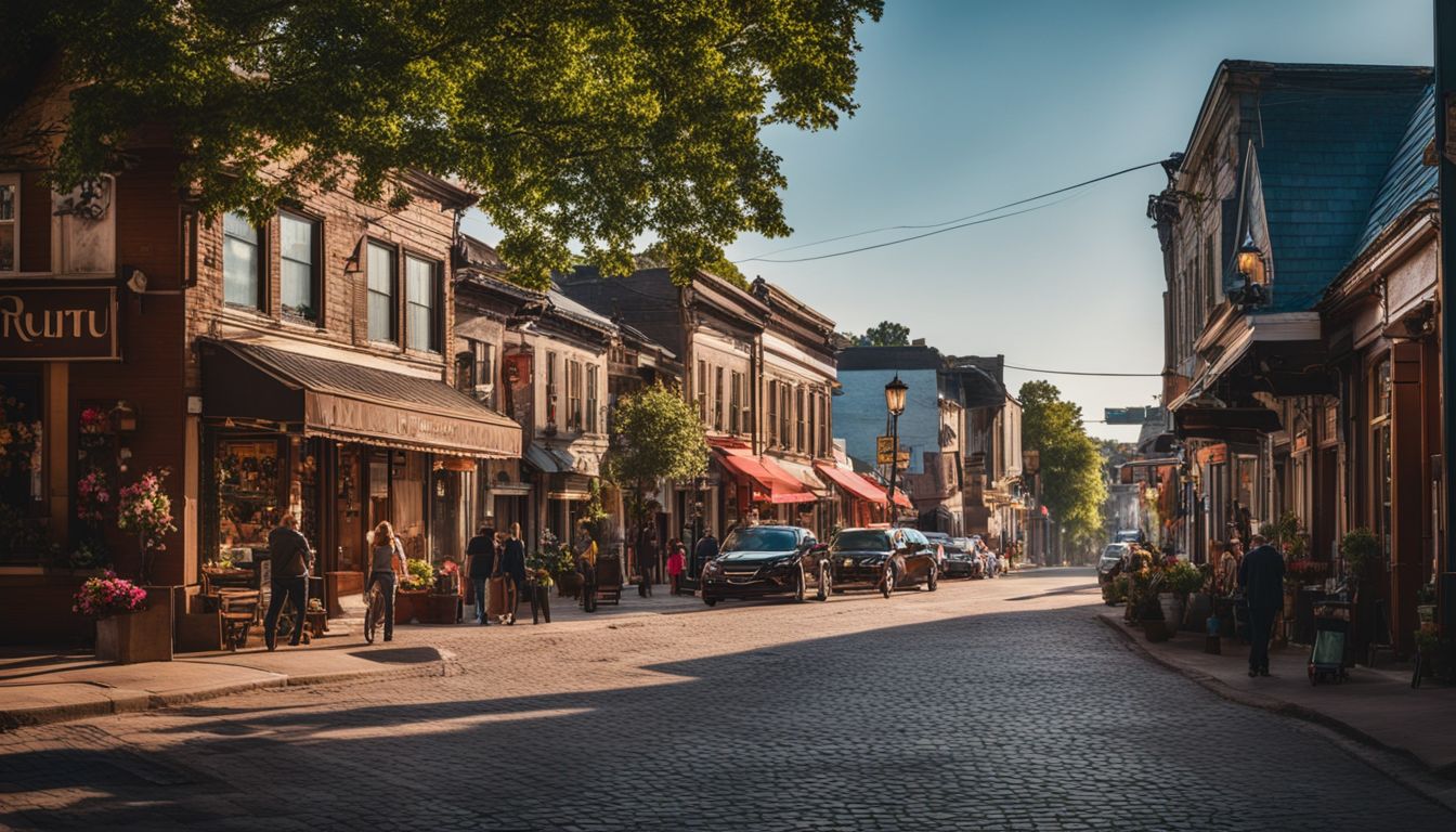 A charming small town street with diverse local businesses and bustling atmosphere.