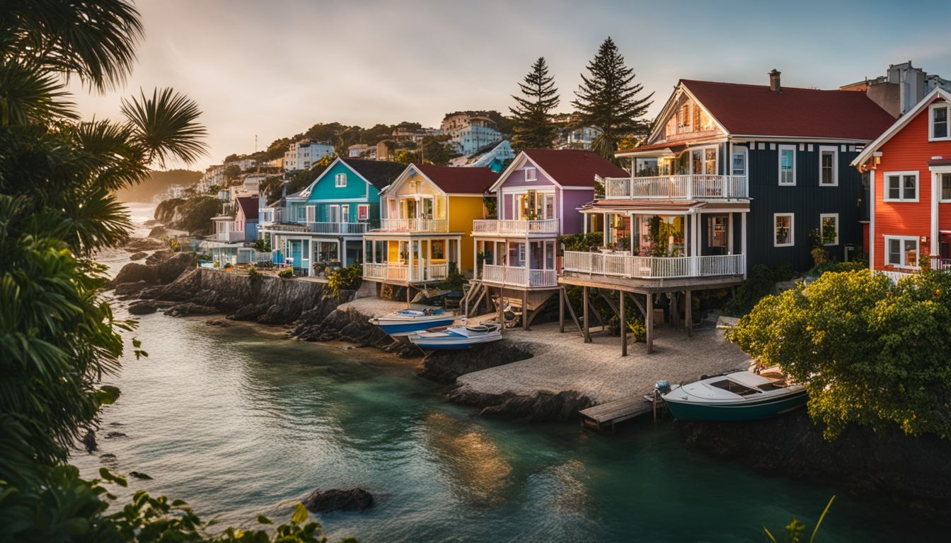 A charming coastal town with colorful beach houses surrounded by lush greenery.