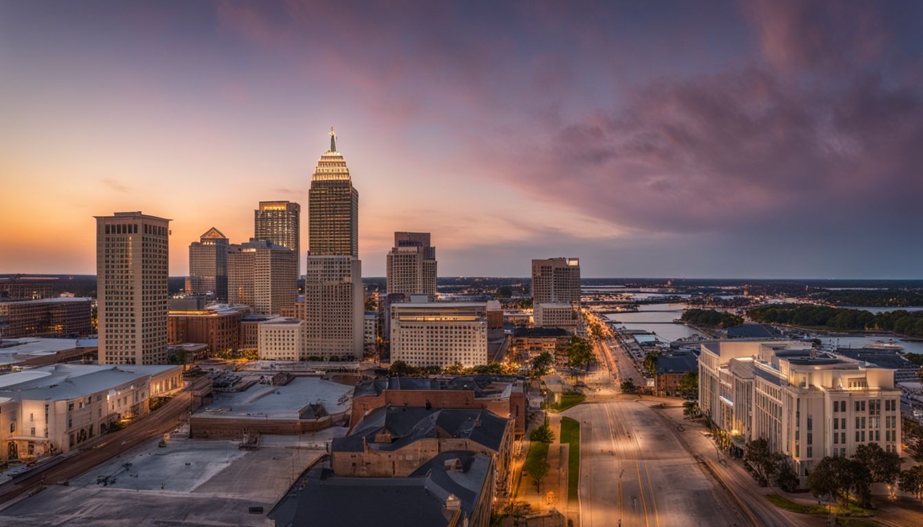 A panoramic cityscape of Mobile, Alabama at sunset with a bustling atmosphere.