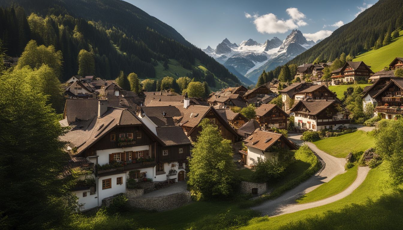 A panoramic view of Wiederkehr Village with Swiss architectural influences and a bustling atmosphere.