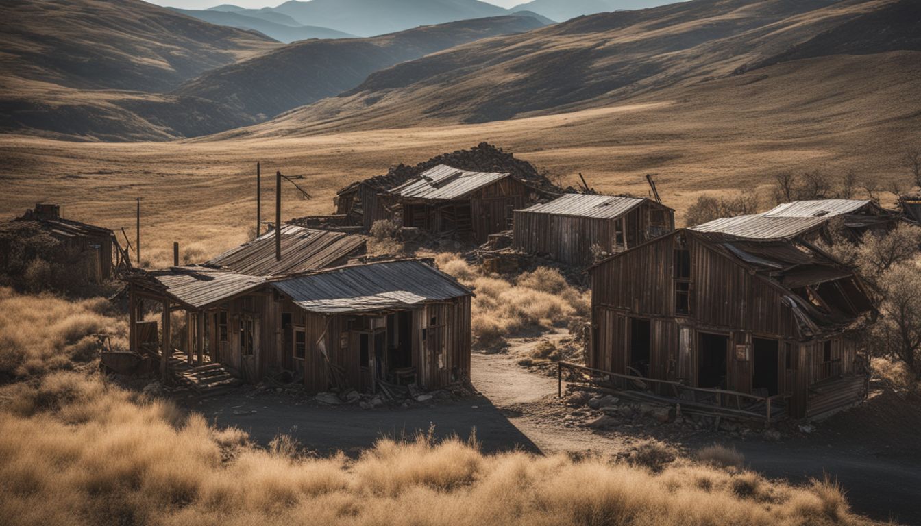 An abandoned mining town with dilapidated buildings surrounded by vast landscapes.