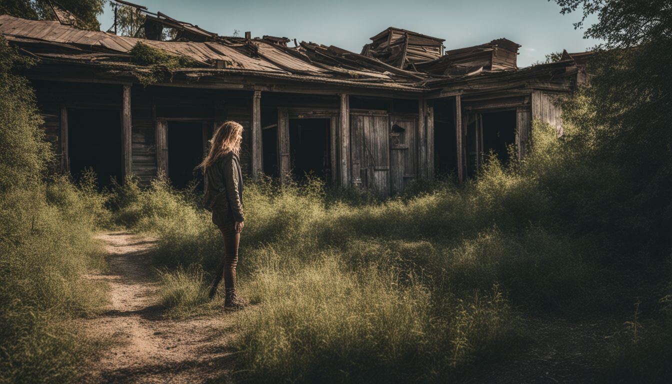 The photo captures an eerie, abandoned ghost town with dilapidated buildings.