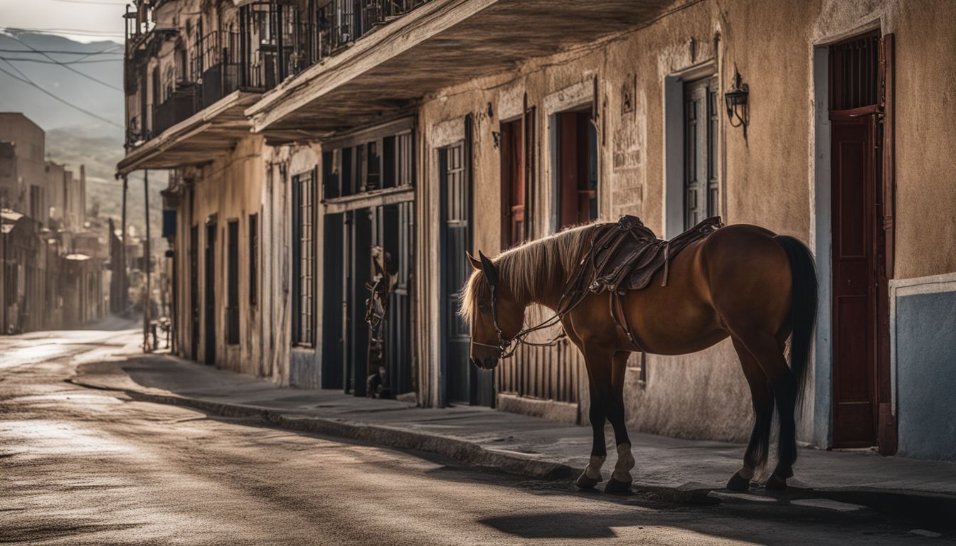 A lone horse tied to an old saloon in a deserted town.
