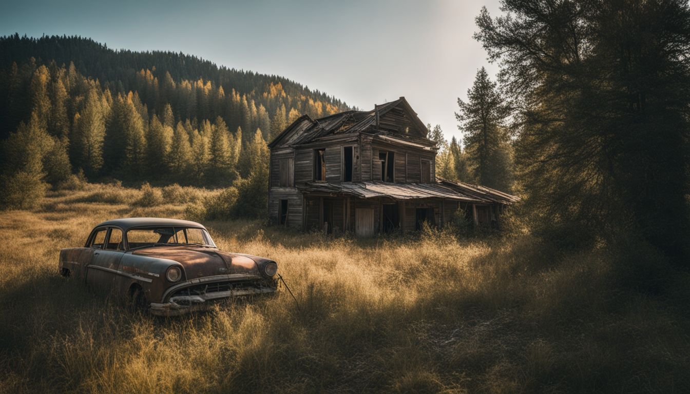 A photo of an abandoned ghost town with decaying buildings.