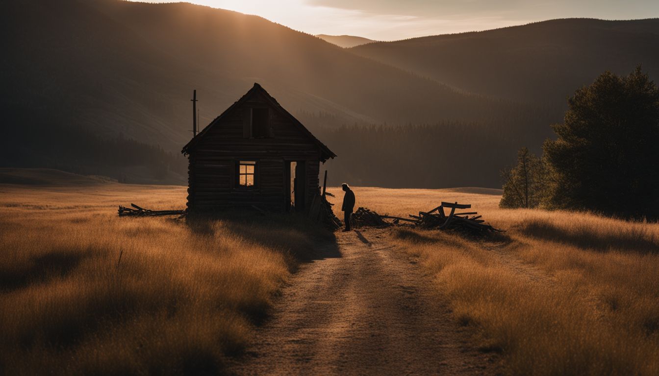 A figure stands in front of an abandoned miner's cabin at sunset.