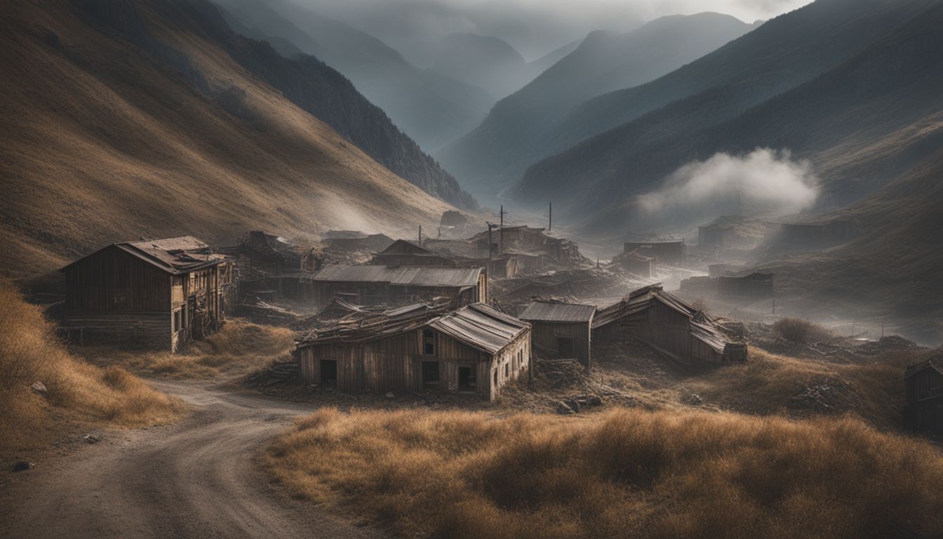 The photo depicts an eerie abandoned mining town surrounded by misty mountains.