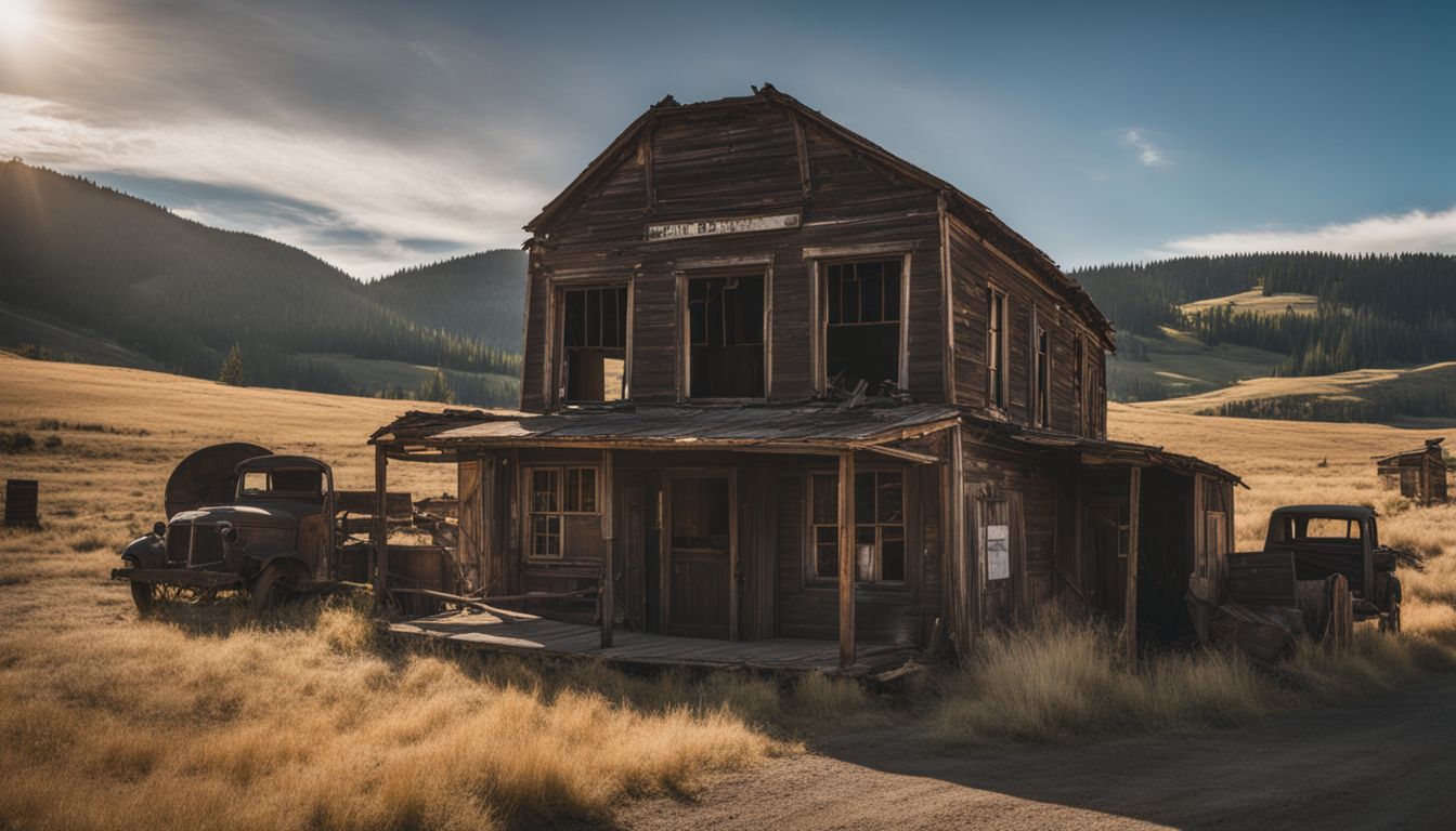 An abandoned mining town in picturesque Oregon with dilapidated buildings.