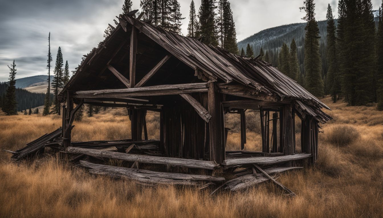 A dilapidated wooden structure in Idaho's wilderness captured in high-quality photography.