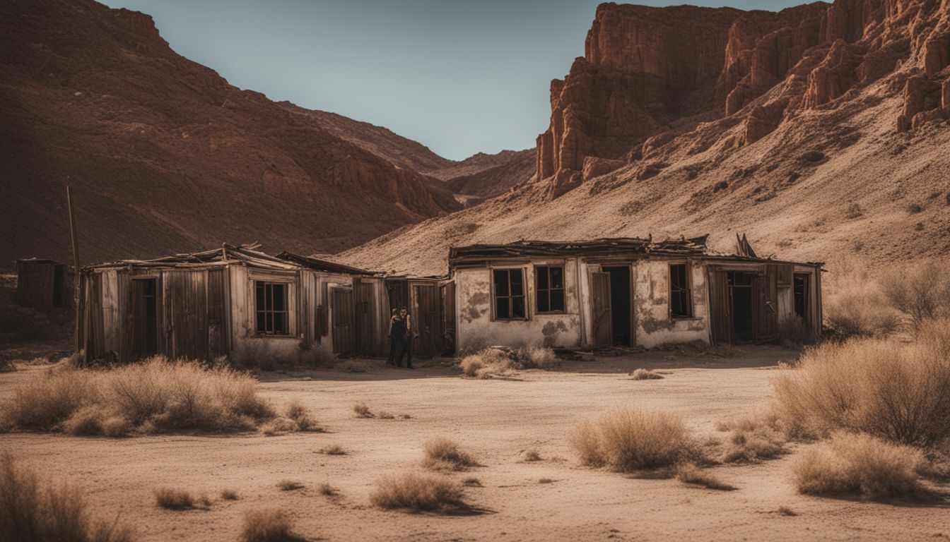 The photo depicts abandoned buildings in a desert ghost town.