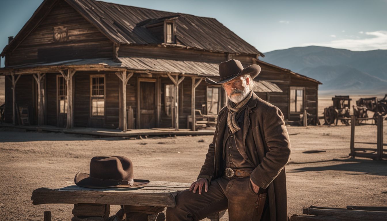 An old cowboy leans against a weathered saloon in a ghost town.