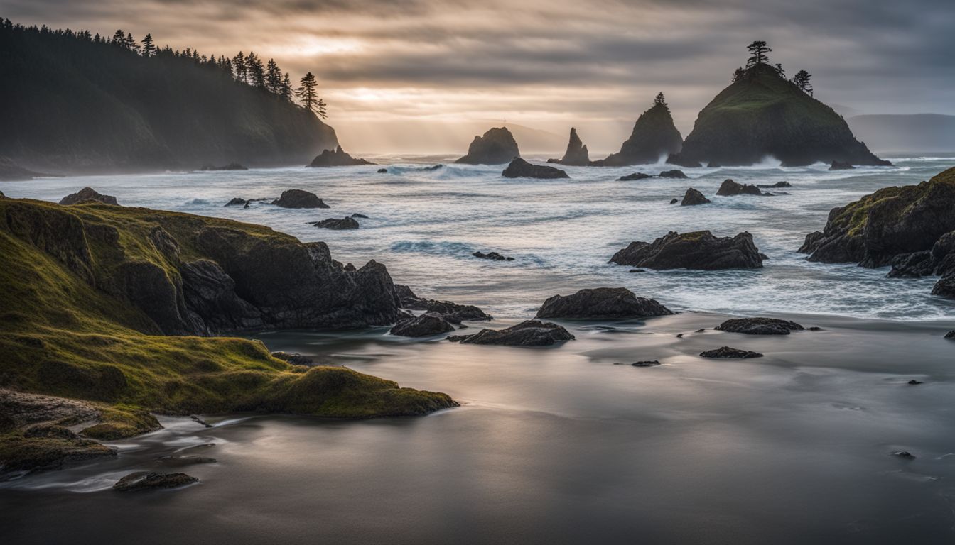The stunning Oregon coastline with crashing waves and rocky cliffs.