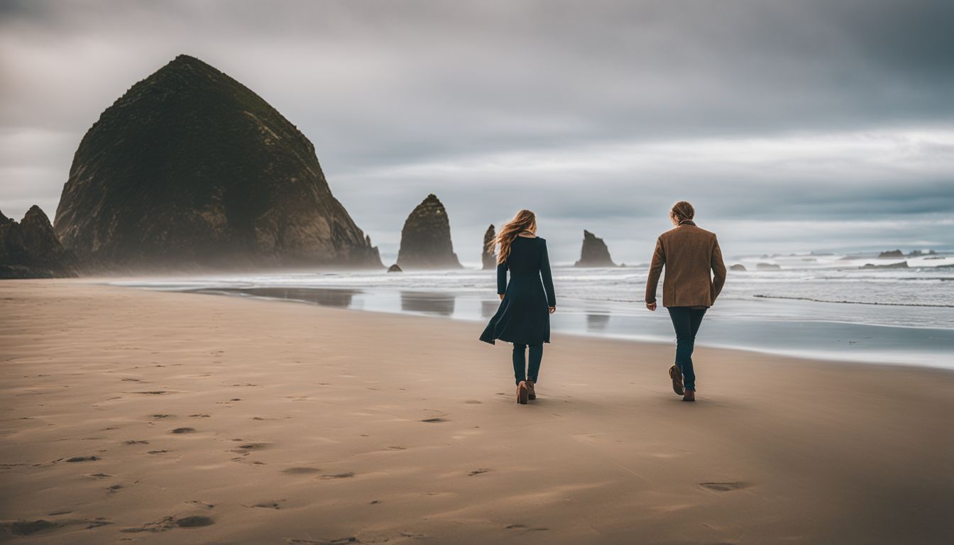 A young couple strolling along the beach with iconic Haystack Rock in the background.