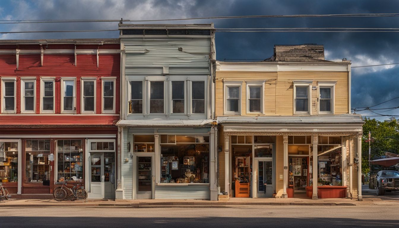 A lively small town main street with colorful storefronts and outdoor cafes.