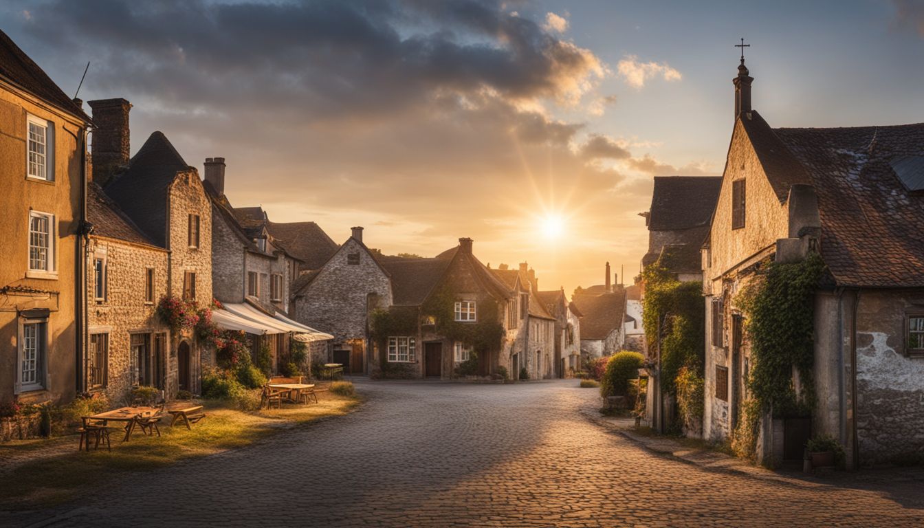A peaceful sunrise over a charming historic small town.