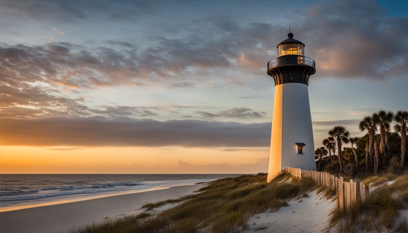 A photo of the iconic St. George Island lighthouse at sunrise.
