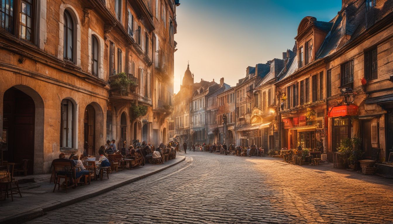 A lively cobblestone street with colorful historic buildings and bustling atmosphere.