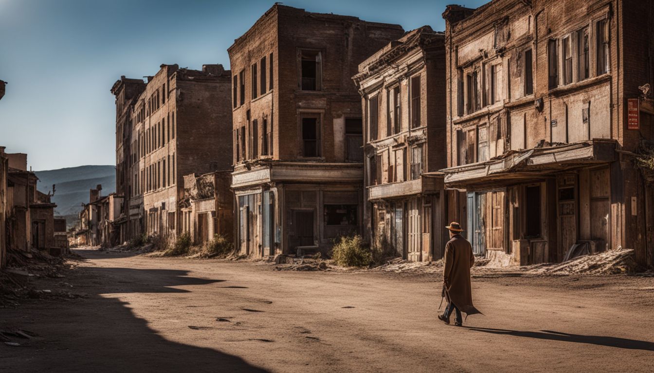 A lone figure walks through an abandoned ghost town in cinematic style.