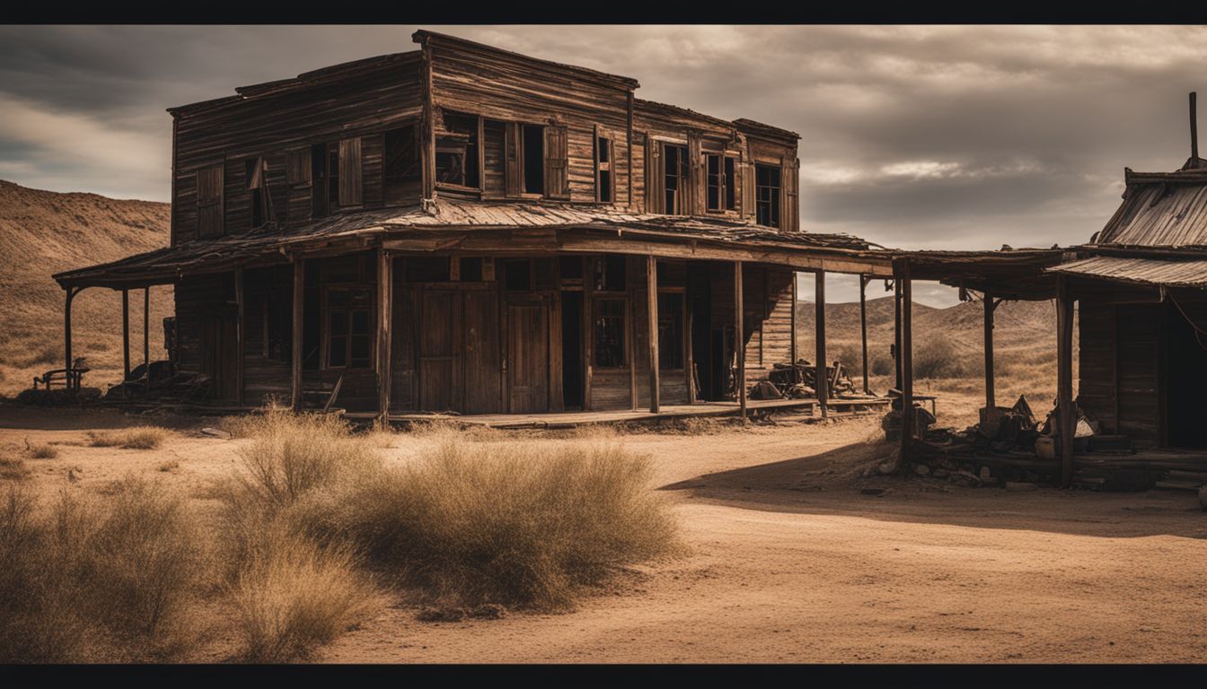 A deserted western town with abandoned buildings and dusty streets.
