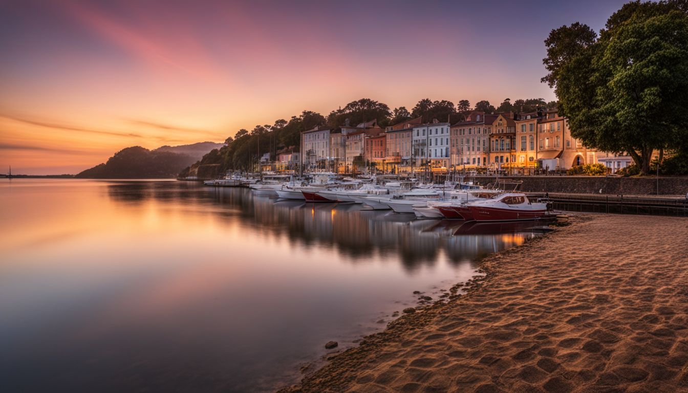 A tranquil waterfront town at sunrise with a bustling atmosphere.
