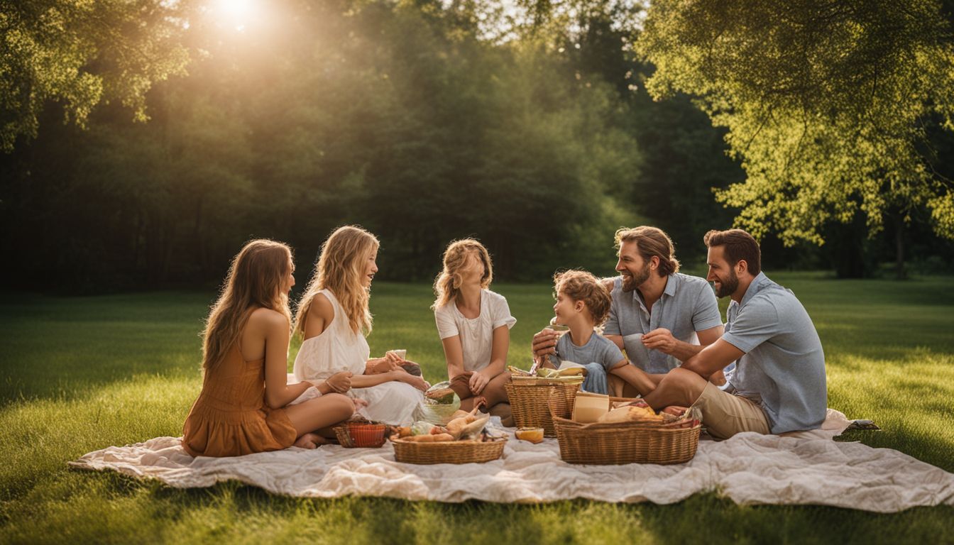 A family enjoying a picnic in a scenic town park surrounded by nature.