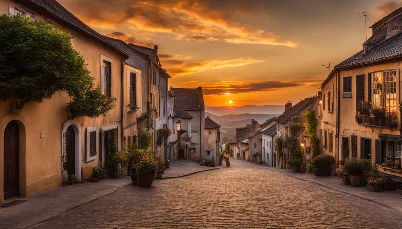 A tranquil small town at sunset with diverse people and scenery.