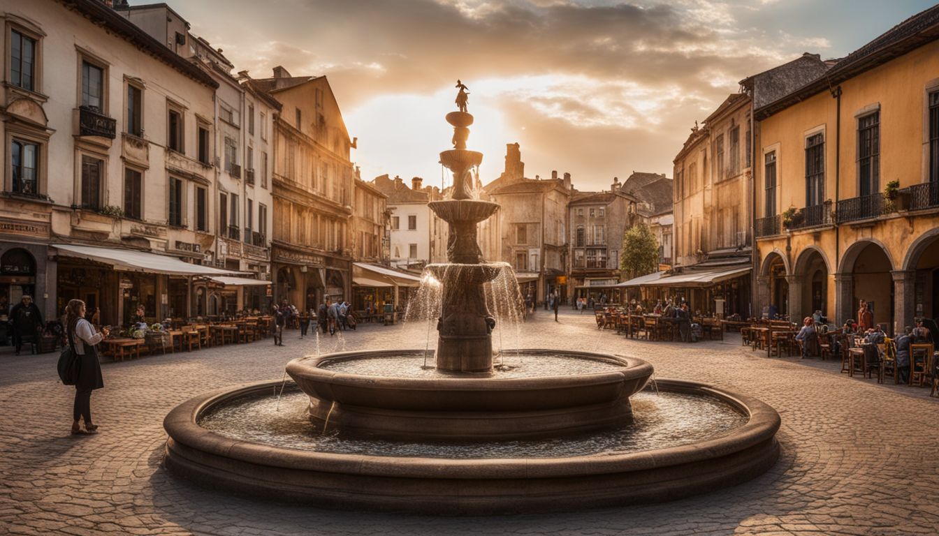A bustling town square with historical buildings and a fountain.