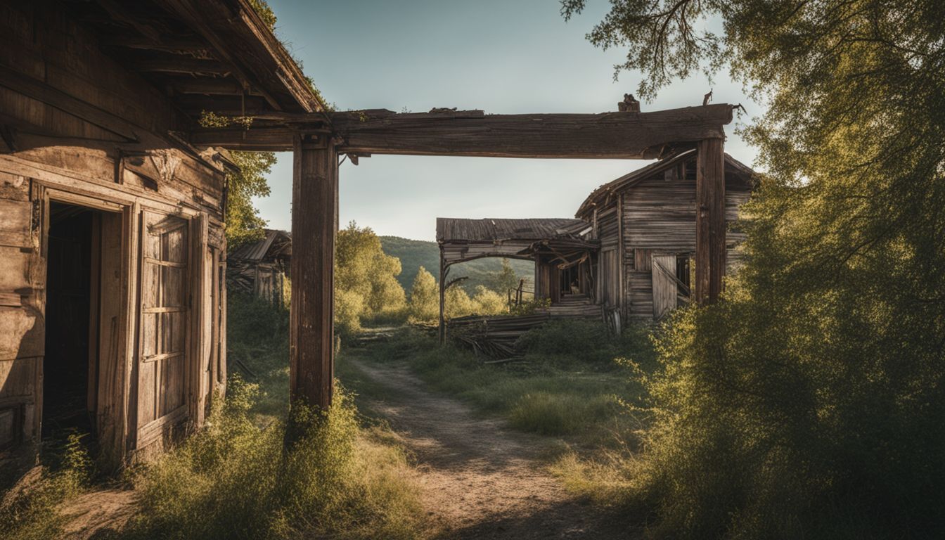 An abandoned ghost town with dilapidated buildings and overgrown vegetation.