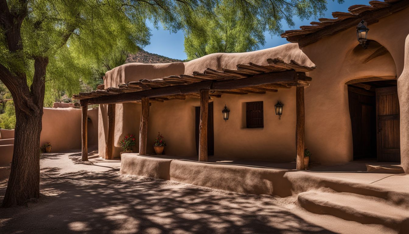 The historic adobe architecture of Santuario de Chimayo against New Mexico landscape.