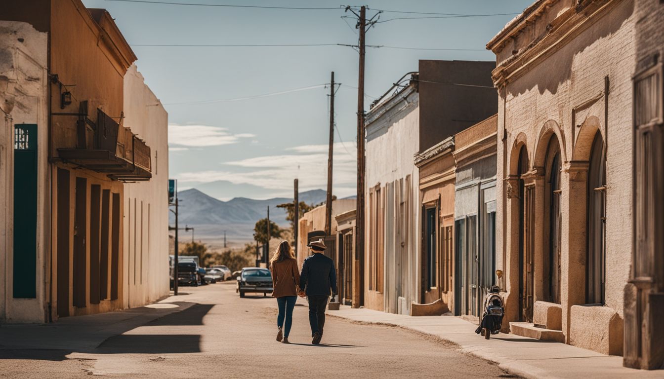 A man and a woman exploring the historic streets of Marfa.