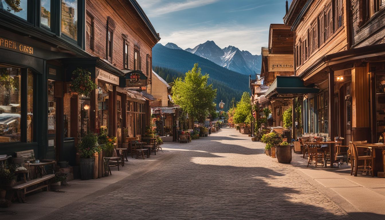 A charming small town nestled in the Rocky Mountains on a bustling main street.