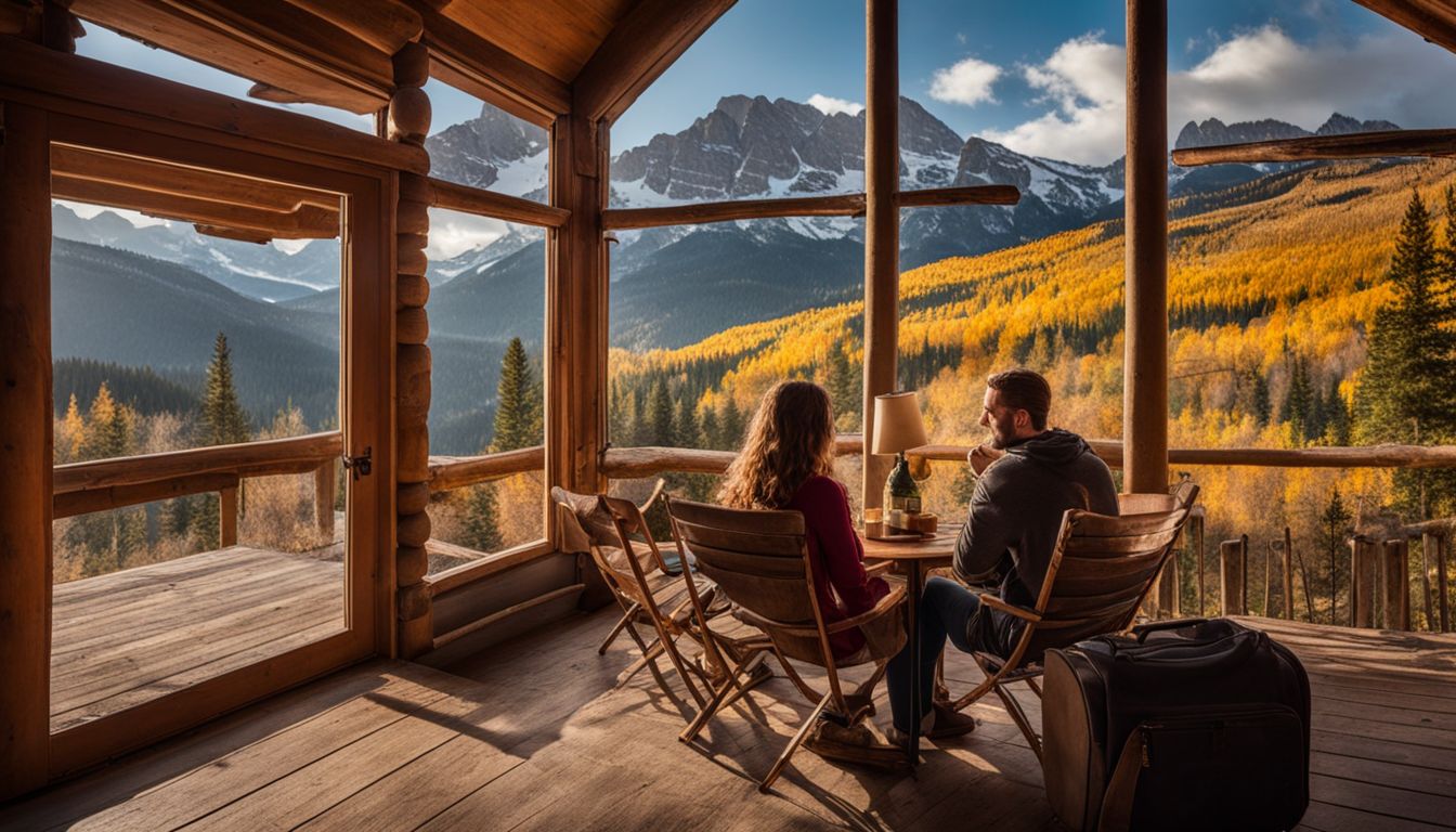 A couple enjoying a scenic mountain view at a cozy cabin.