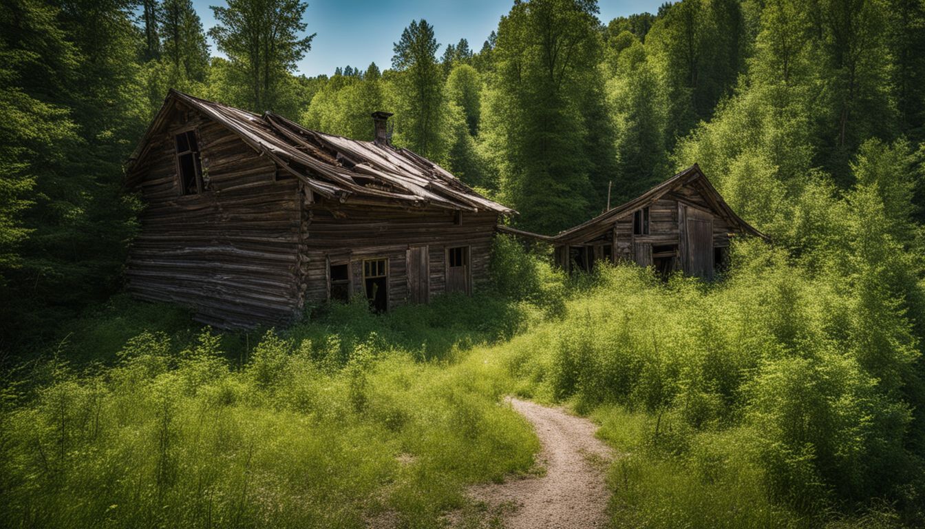 The abandoned buildings of Rush ghost town surrounded by overgrown trees.